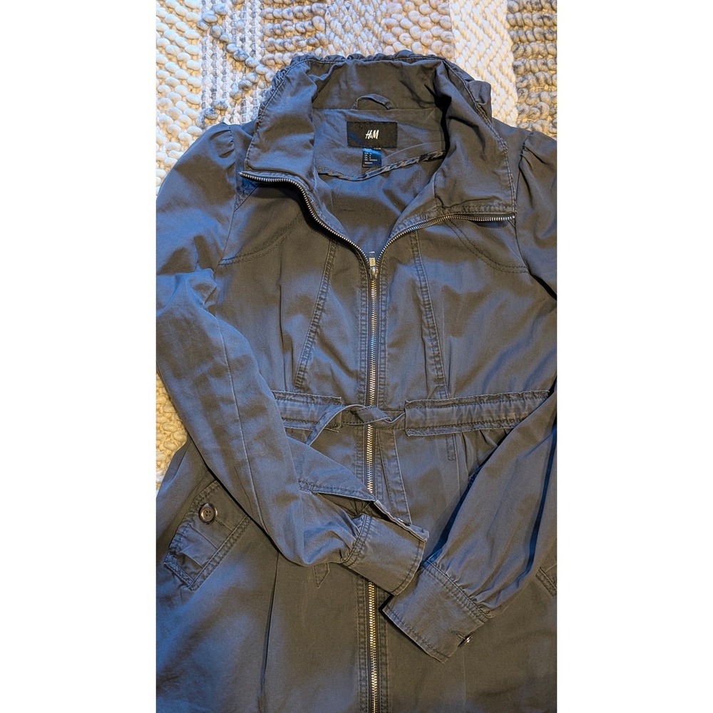 HM Gray Cotton Utility Jacket Ruffle Collar Drawstring Waist Size 6 gorpcore - Picture 4 of 11